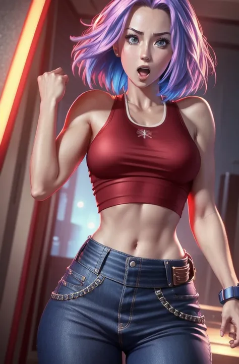 a beautiful tall girl with short anime style hair, detailed red tank top, open mouth, blue pants and belt, highly detailed, photorealistic, cinematic lighting, 8k, ultra-detailed, masterpiece