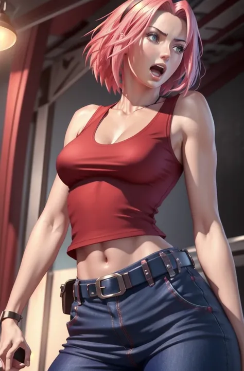 a beautiful tall girl with short anime style hair, detailed red tank top, open mouth, blue pants and belt, highly detailed, photorealistic, cinematic lighting, 8k, ultra-detailed, masterpiece