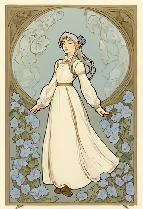 masterpiece, best quality,
Closed eyes, silver hair, solo,bangs, ((art nouveau)), ((blue flowers)), elf, long silver hair, ((ponytails)), ((standing)), ((levitating)), wind, gentle smile, white dress, looking down, ((portrait)), gold