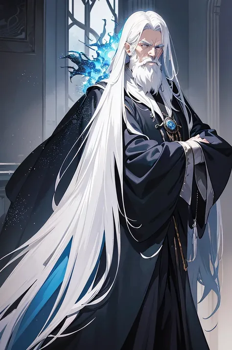 An old man with white hair wearing a black cloak, magical blue flames around, long beard and mysterious and mischievous look. Interior of a mansion, epic scene, magie, various particles. ((best qualityer)), (work of art)), ((anime styling))