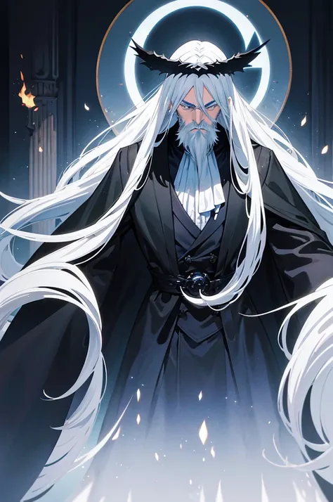 An old man with white hair wearing a black cloak, magical blue flames around, long beard and mysterious and mischievous look. Interior of a mansion, epic scene, magie, various particles. ((best qualityer)), (work of art)), ((anime styling))