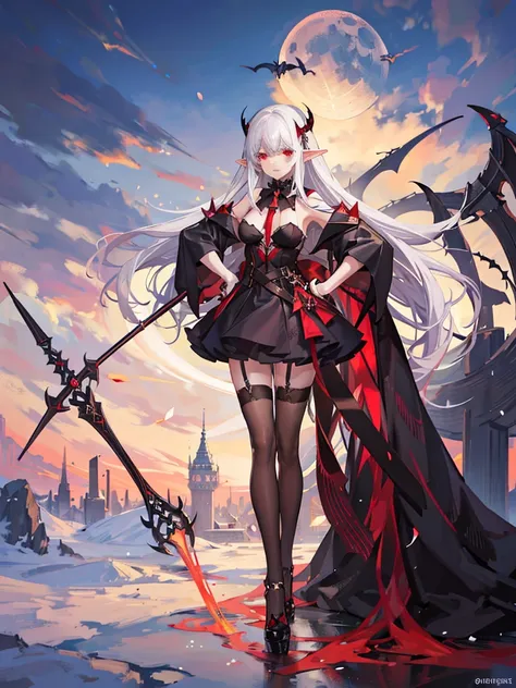 1 Girl Elf, vampire, young, black dress, red right stocking, black left stocking, red eyes, white hair with bow, with a huge scythe, against the backdrop of the red moon, night, looking at viewer, 8k, masterpiece, high res, ultrasharp