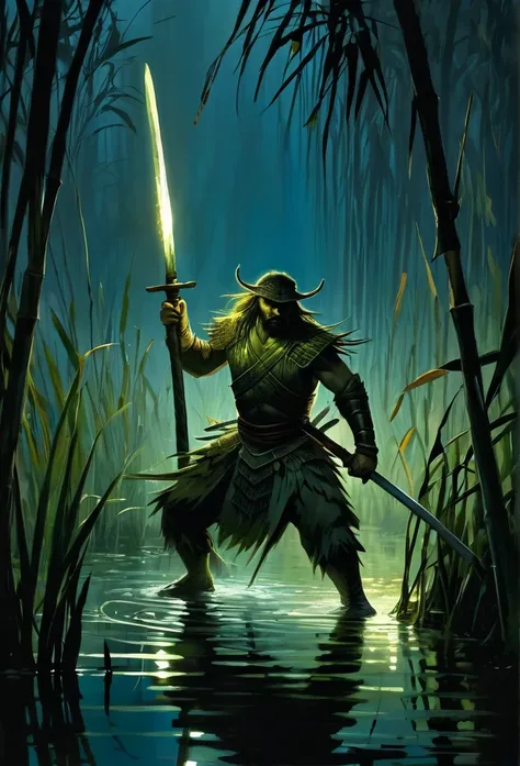 Warrior cutting reeds in a swamp at night using his sword fiercely 