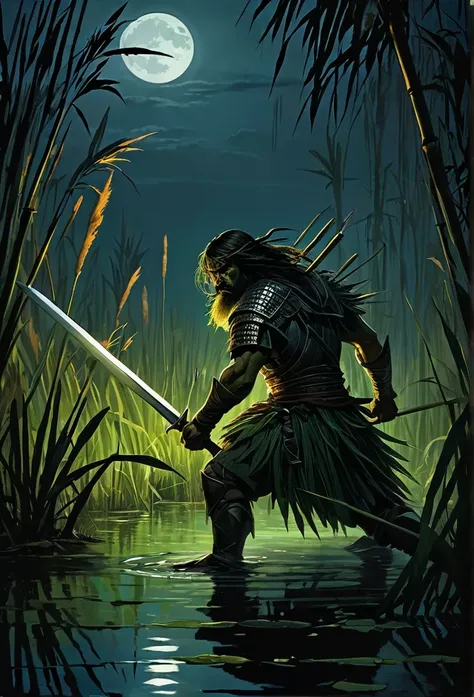 Warrior cutting reeds in a swamp at night using his sword fiercely 