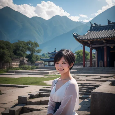 keqingdef, Upper Body, smile, blush, Outdoor, Day, Simple Background, blue null, short hair, null, Temple, View your viewers, stage, Mountain, Moody lighting, In-person audience,