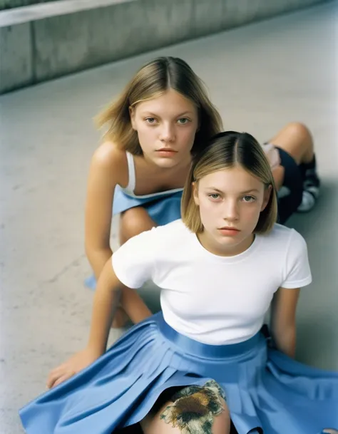 two girls sitting on the ground ((with mini-skirt):1.9), looking at the camera, two girls, young girls, im stil von alasdair mcl...