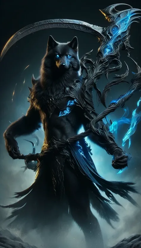 Den black wolf with yellow eyes male holding a large scythe the blue fire scythe, posing, alone, expression of hate, artwork, best art, full body, by violinist taran, detailed eyes, detailed body, claws, tall, pants black, blue shirt,