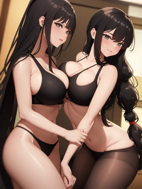 A girl with long black hair in a ponytail and big breasts wearing a bikini is having a lovey-dovey date with a man