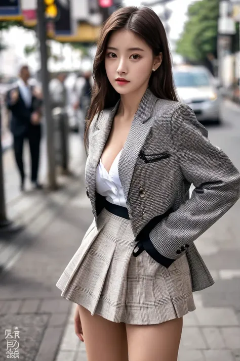 a 17 year old girl, she is the most beautiful actress in the world, the perfect body proportions of this girl, the blazer is appropriately buttoned up on the formal shirt that she wears, indirect bulge of her clothed large breasts are perfect shape, the pa...