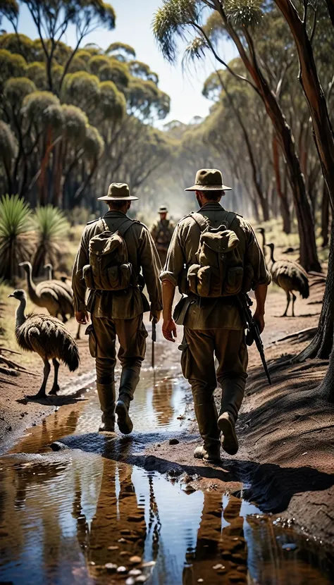 Soldiers walking through the Australian wilderness, trying to keep up with the emus, cinematic background, hyperrealisti, ultra detailed hyperrealisti, photorrealistic, studio lighting, reflections, dynamic pose, cinematic, Historical accuracy, color gradi...