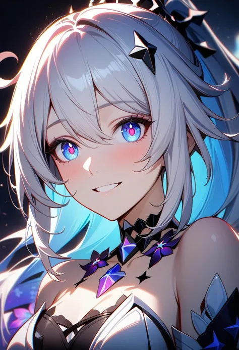 1girl, Kiana Kaslana (Herrscher of Finality), Honkai Impact 3rd, beautiful detailed eyes, extremely detailed face, ponytail, bright smile, intricate details, cinematic lighting, vibrant colors, dramatic composition, digital painting, masterpiece, 8K, ultra...