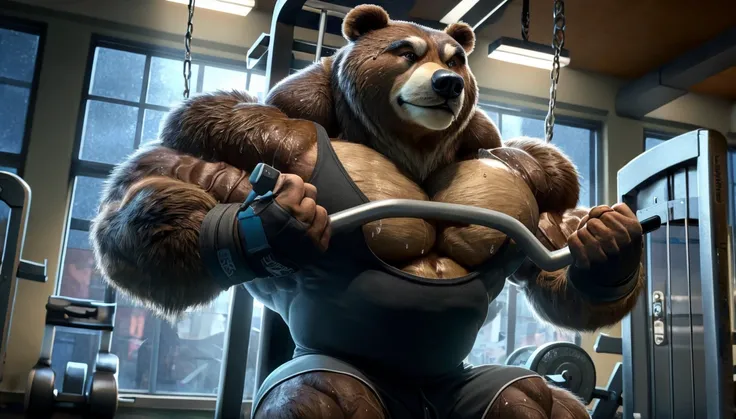 Big brown furry kodiak muscle bear with huge muscles with tank top, black gym shorts, black gym shoes and black wristbands and fingerless gloves, at the gym doing incline cable row flyes sweating off with veins