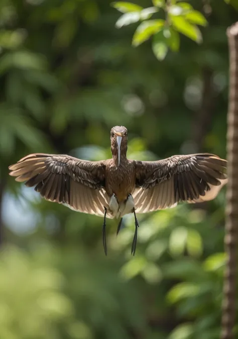 Majestic brown bird, frontal profile, wings open front, bird looking forward frontal, long beak