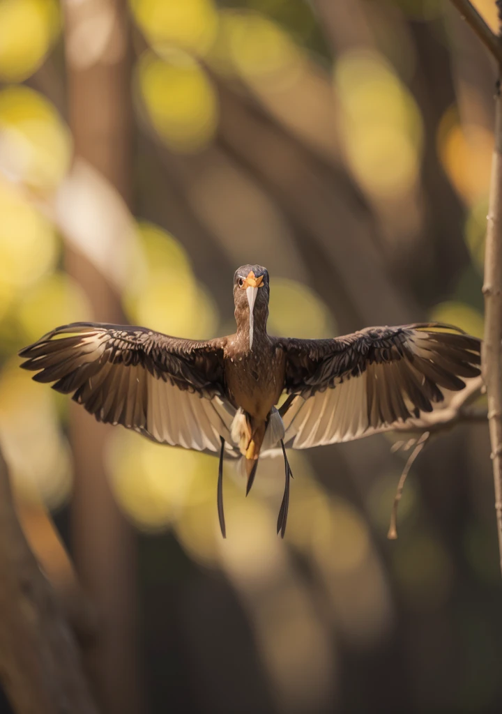 Majestic brown bird, frontal profile, wings open front, bird looking forward frontal, long beak