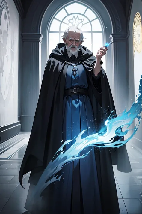 An old man wearing a black cloak, aura of magical blue flames, hand catching blue fire, around mysterious look. Interior of a mansion, epic scene, magie, particles. ((anime styling))