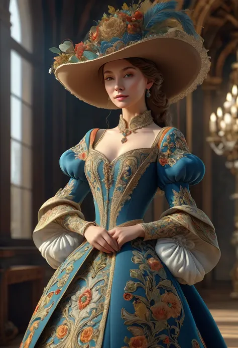 Woman in luxurious long dress、hat、Renaissance design、intricate detailed, Digital Art、Octane Render、3D Rendering、