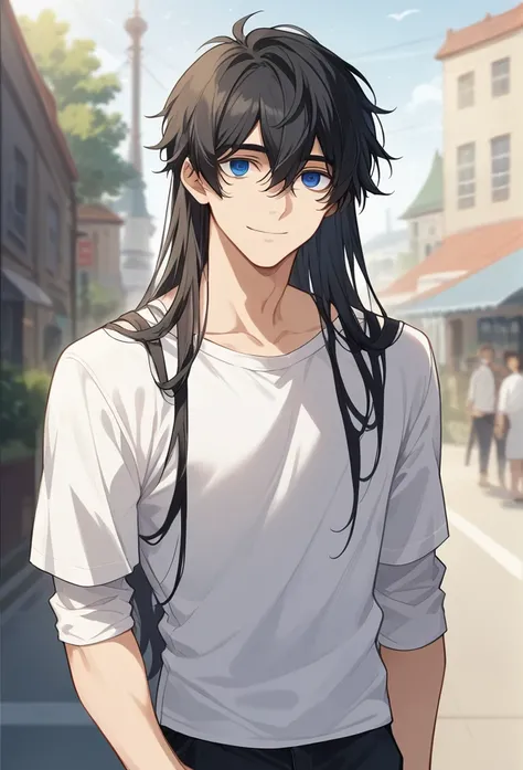 (Masterpiece, Superior quality, Best Quality, Official Art, beautiful and aesthetic:1.2),(8k, Best Quality, Masterpiece:1.2),1 man, male, Alone, black hair, medium long hair, white sweatshirt, disheveled hair, blue eyes, Casual, haddock, indifferent, sligh...