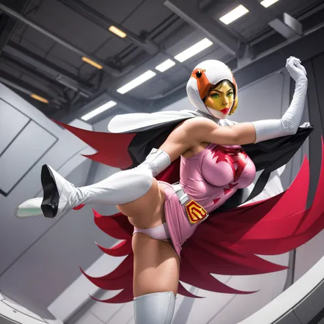 ANI_CLASSIC_jun_gatchaman_ownwaifu,1girl, 15yo,good anatomy, masterpiece, best quality,realistic, hyperrealistic, 16k hdr, long hair,breasts,green eyes,lips,large breasts,lipstick,makeup,gloves,cape,helmet,belt,elbow gloves,white gloves,mask,ultra miniskir...