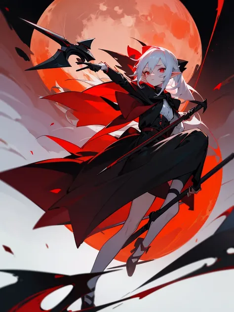 1 Girl Elf, vampire, young, black dress, red right stocking, black left stocking, red eyes, white hair with bow, with a huge scythe, against the backdrop of the red moon, night, looking at viewer, cute pose, 8k, masterpiece, high res, ultrasharp