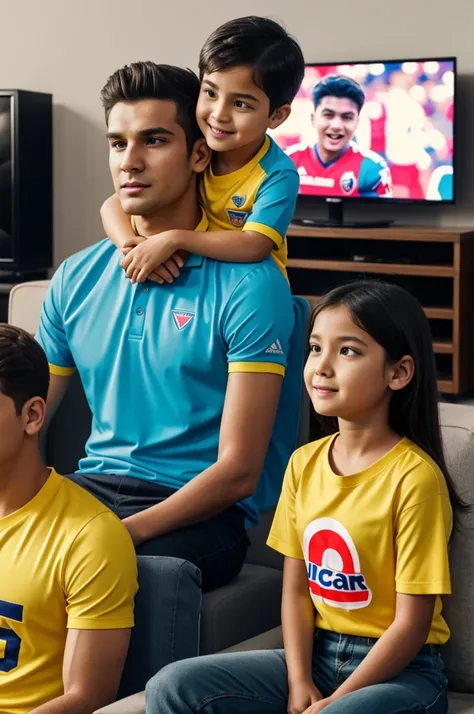 A captivating 3D render illustration of a family watching football on television. Daya, a woman with a yellow shirt, has her back to the viewer, as does socar , a young boy wearing a similar shirt. The name and number "daya 10" and "socar 8" are displayed ...