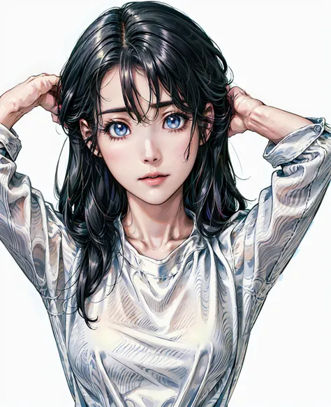 anime,(face),(beautiful detailed eyes), black hair,sliver eyes, masterpiece,looking at viewer, best_quality,white background,masterpiece,white shirt, arms behind back,  