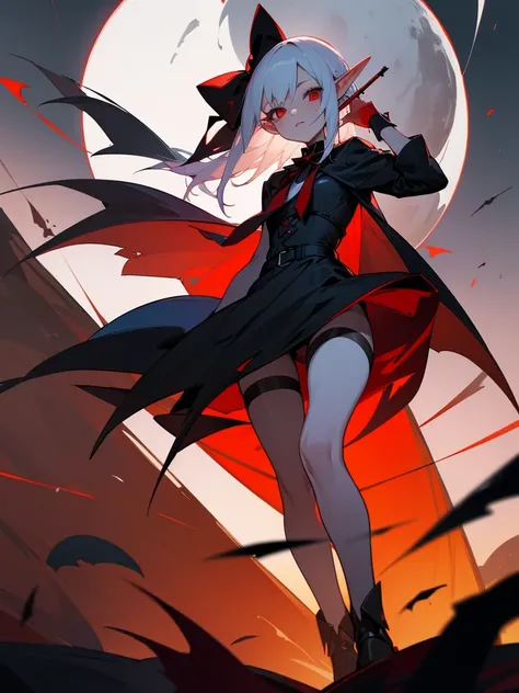 1 Girl Elf, vampire, young, black dress, red right stocking, black left stocking, red eyes, white hair with bow, with shotgun, against the backdrop of the red moon, night, looking at viewer, cute pose, 8k, masterpiece, high res, ultrasharp