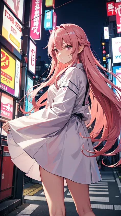 Tokyo, Kabukicho, long hair fluttering in the wind, pink  hair, High definition, don