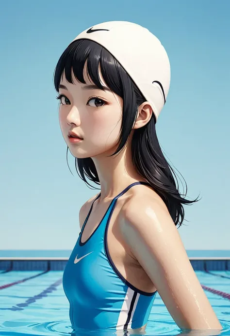 Competitive swimming suits、Swimming cap、Black Hair、Check pool times、Simple Background、Medium Bust、Nike Swimsuit、Asian