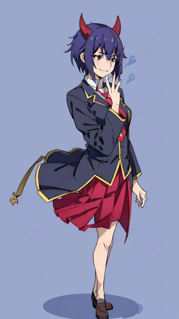 1girl ,20s,mature female,short hair,dark blue hair,oni horns,(simple background),red necktie,black jacket, blazer,long sleeves,pleated skirt,full body,standing,profile,hand to own mouth,smile,closed eyes,hand to own mouth