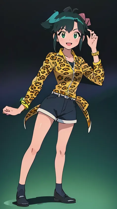 1girl, Koyuki Azumaya1 leopard print shirt, ponytail, green eyes.dark blue hair  longe sleeves, short hair, blue shorts, purple shose, light skin, medium breast, bracelet, full body, green eyes, smiling, masterpiece, Good picture, 