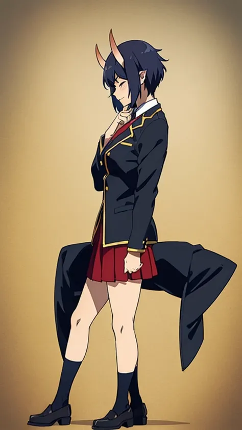 1girl ,20s,mature female,short hair,dark blue hair,oni horns,(simple background),red necktie,black jacket, blazer,long sleeves,pleated skirt,full body,standing,profile,hand to own mouth,smile,closed eyes,(((hand to own mouth)))