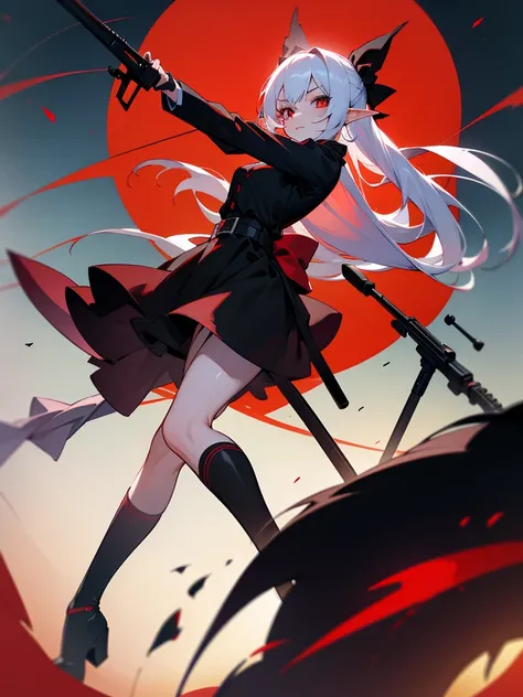 1 Girl Elf, vampire, young, black dress, red right stocking, black left stocking, red eyes, white hair with bow, with sniper rifle, against the backdrop of the red moon, night, looking at viewer, cute pose, 8k, masterpiece, high res, ultrasharp