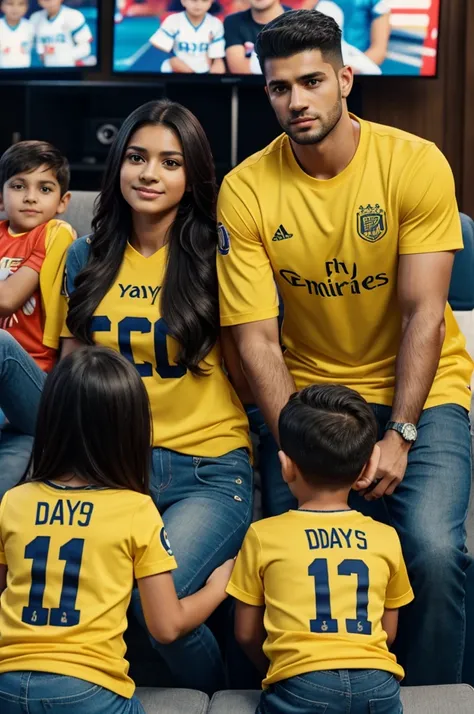 A captivating 3D render illustration of a family watching football on television. Dayana, a woman with a yellow shirt, has her back to the viewer, as does dayana , a young boy wearing a similar shirt. The name and number "daya 10" and "oscar 6" are display...