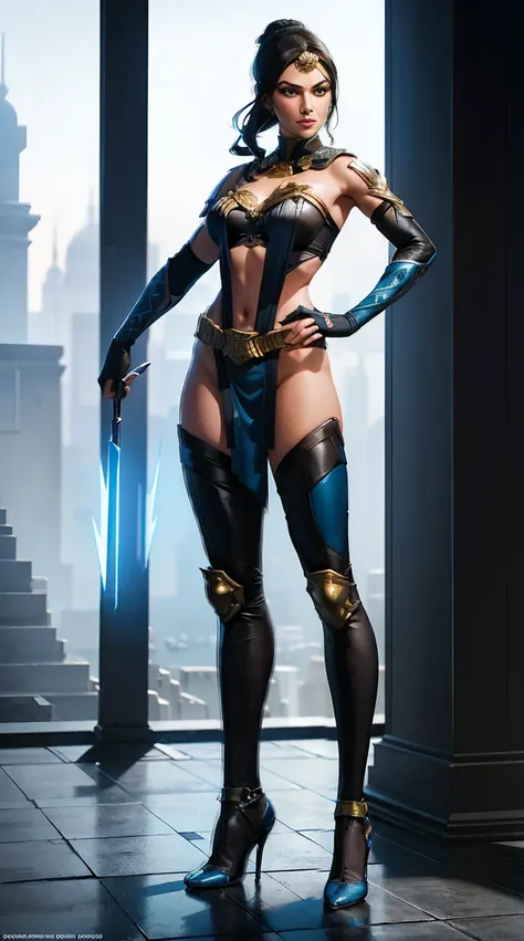 ((Full body photo, standing, feet on the ground))  actess ((Gal Gadot)) as Kitana from Mortal Kombat,shipping for camera,  in the temple, wields fans, blue-and-black revealing bodysuit, blue stockings, blue ninja mask, high heels, (intricate hair bun), int...