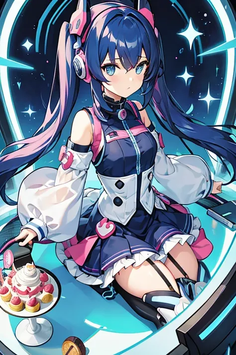 Young robot woman, hair in two pigtails Dark blue, blue eyes, pink headphones, surrounded by desserts