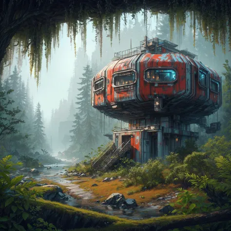 a closeup of a red and black building in a forest, extremely realistic concept art, mystical sci-fi concept art, in the art style of filip hodas, beautiful 3D concept art, Science-Fiction-Fantasie-Tapete, digital science fiction painting, digital science f...