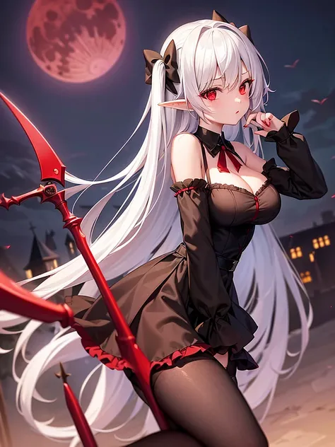 1 Girl Elf, vampire, young, black dress, red right stocking, black left stocking, red eyes, white hair with bow, with a huge scythe, against the backdrop of the red moon, abandoned gothic church, night, looking at viewer, cute pose, 8k, masterpiece, high r...