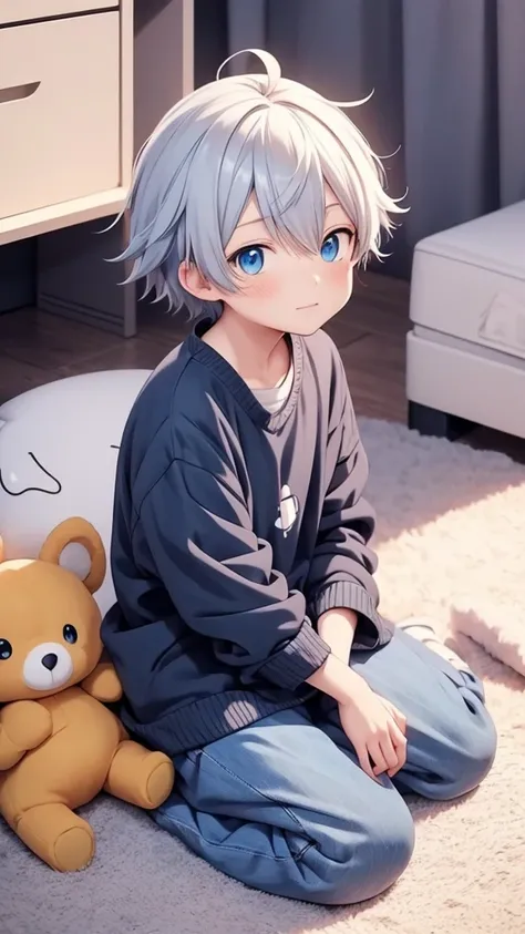 anime boy sitting on the floor with a bunch of stuffed animals, anime boy, anime aesthetic, top rated on pixiv, anime moe artsty...