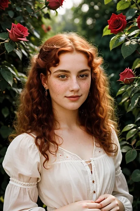 Beautiful 19th century Italian lady in a rose garden, realistic details the sun is reflected on the face and curly red hair, freckles, deep green eyes, beautiful twenty year old, picks a rose