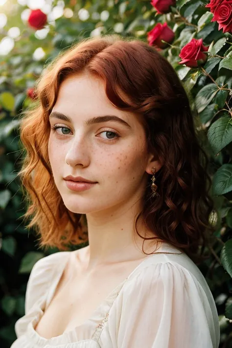 Beautiful 19th century Italian lady in a rose garden, realistic details the sun is reflected on the face and curly red hair, freckles, deep green eyes, beautiful twenty year old, picks a rose