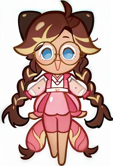 chibi, full body, CookieRun, 1 girl, brown hair, long hair, hair braided in two tails, blue eyes, round glasses, black glasses, pink swimsuit, open mouth, joy, looking at viewer, white background, 