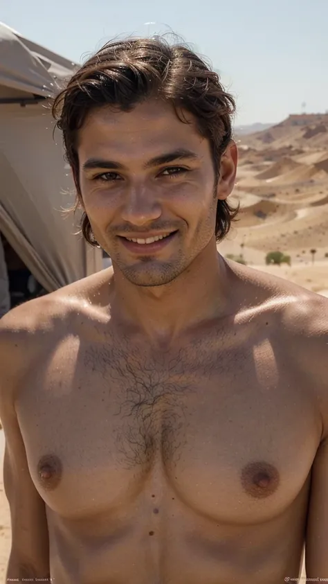 perfect italian man, wearing, posing, smile, view on the sahara, short hairstyles light hairin on the sahara on characters face