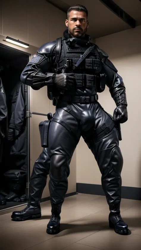 1 furry, a big powerful male navy soldier, (afroamerican genetics, wearing a leather collar, inside a changing room, serious face:1.19) male, soft light, (photorrealistic rendering, detailed manly face, bull wearing black swat gear, detailed clothing textu...