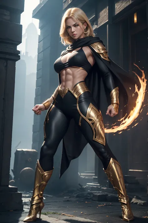 (((full body photo))),  8K,Muscular々Goddess of Destruction,Super Beauty(Like the real thing),bulging muscles,Golden Eyes,Golden shorthair,Gorgeous goddess outfit,Gorgeous Goddess Shorts,Stern expression,Outside the Celestial Palace,Perfect Anatomy,charm,Vo...