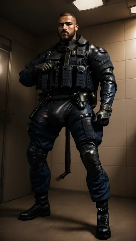 1 furry, a big powerful male navy soldier, (afroamerican genetics, wearing a leather collar, inside a changing room, serious face:1.19) male, soft light, (photorrealistic rendering, detailed manly face, bull wearing black swat gear, detailed clothing textu...