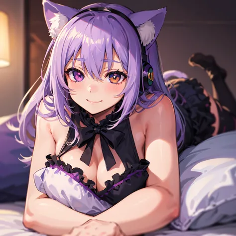 close-up portrait of ((solo catgirl)) hugging a pillow, Anime girl lying on bed, light violet hair, nekomimi, simple plain background, innocent smile, pajamas, masterpiece, heterochromia, polychromia,  Purple hair and purple eyes, cute anime catgirl, seduc...