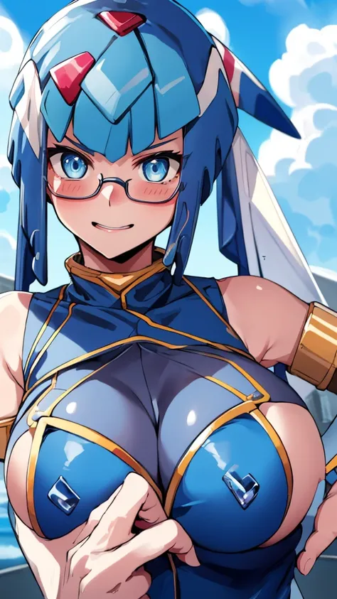 Leviathan_Megamanz, 1 Girl ,Looking at the viewer , blue hair, Blue eyes,Clouds background , Blushed, Wedding ring, Glasses , Blue Micro bikini ,Shark teeth , mouth open , Face Only 