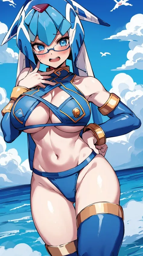 Leviathan_Megamanz, 1 Girl ,Looking at the viewer , blue hair, Blue eyes,Clouds background , Blushed, Wedding ring, Glasses , Blue Micro bikini ,Shark teeth , mouth open , Face Only 