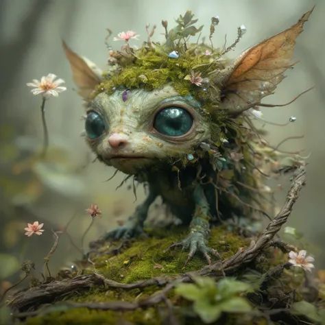 woodland creature searching for a mate,biome made of moss,twigs,flowers,gems,crystals,light,wind,energy,hope,ultra high definiti...