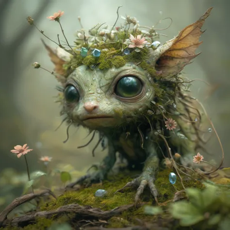 woodland creature searching for a mate,biome made of moss,twigs,flowers,gems,crystals,light,wind,energy,hope,ultra high definiti...